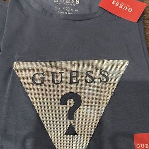 GUESS T-Shirt Women's Black Rhinestone Bling Triangle Logo Large NEW